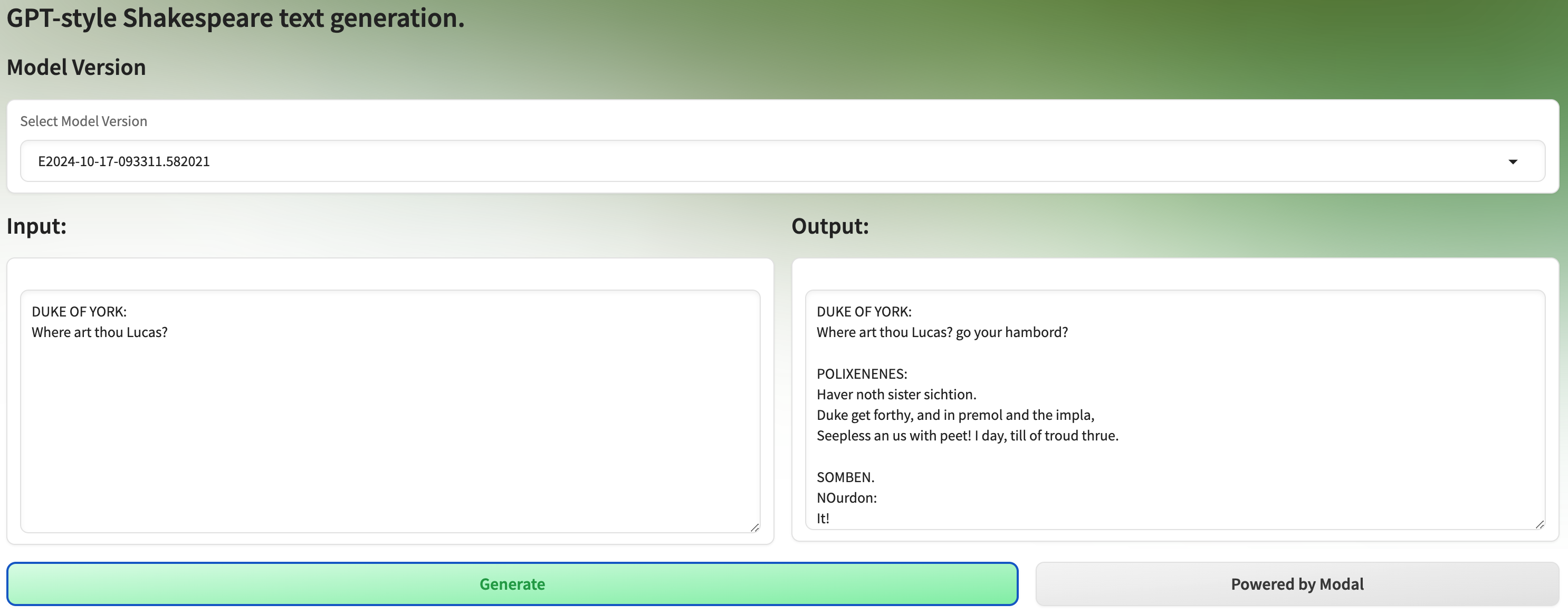 Image of Gradio Web App. Top shows model selection dropdown. Left side shows input prompt textbox. Right side shows SLM generated output. Bottom has button for starting generation process
